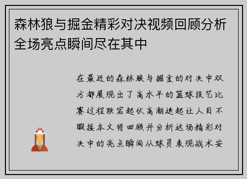 森林狼与掘金精彩对决视频回顾分析全场亮点瞬间尽在其中