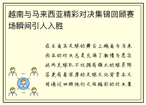 越南与马来西亚精彩对决集锦回顾赛场瞬间引人入胜